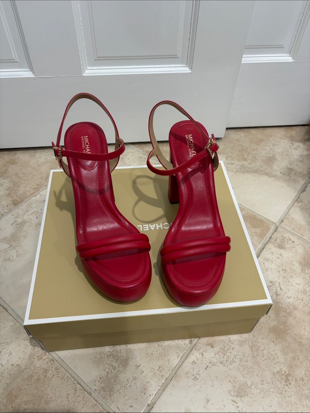 Michael Kors Bright Red Leather Block Heel Sandals Sz 9.6